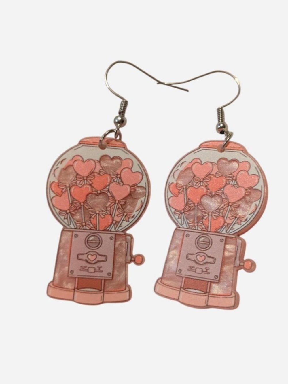 Pink gumball machine earrings with heart-shaped gumballs brand new,